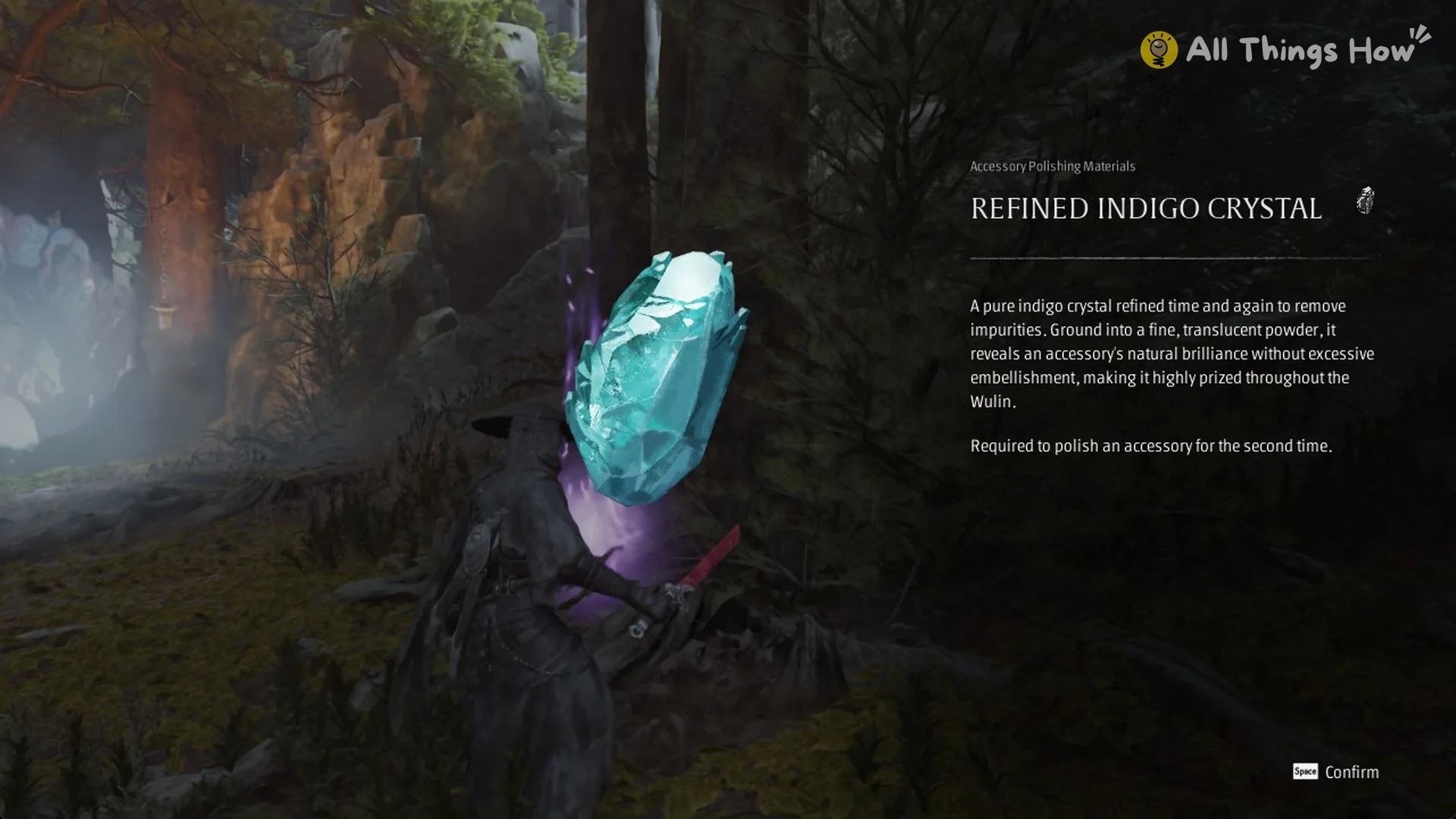 Refined Indigo Crystal item card shown on pickup, Phantom Blade Zero