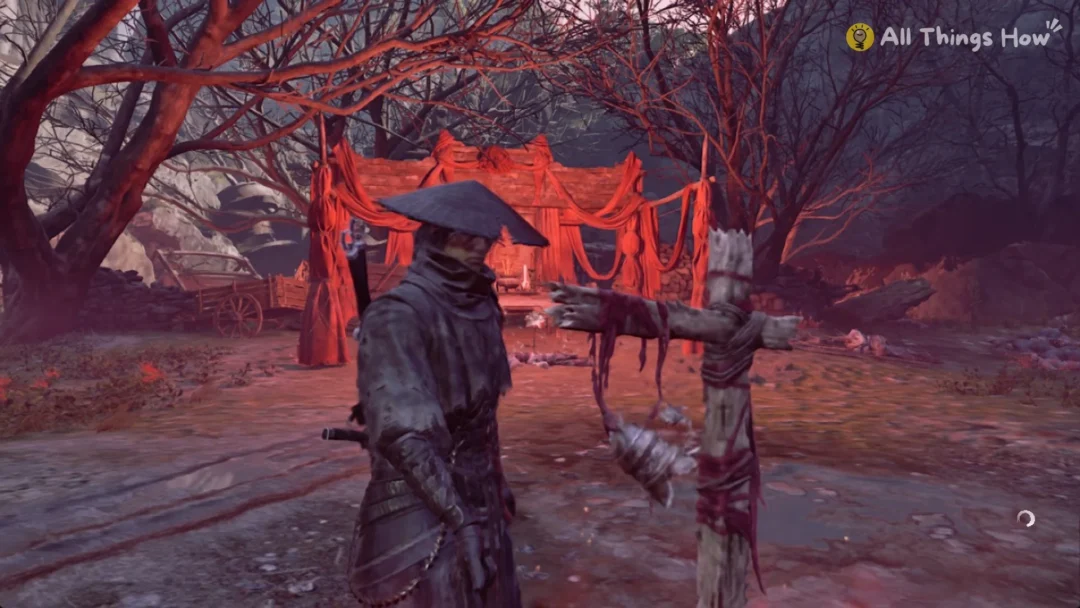 Soul beside a red-draped scarecrow among red trees in Weeping Creek Valley, Phantom Blade Zero