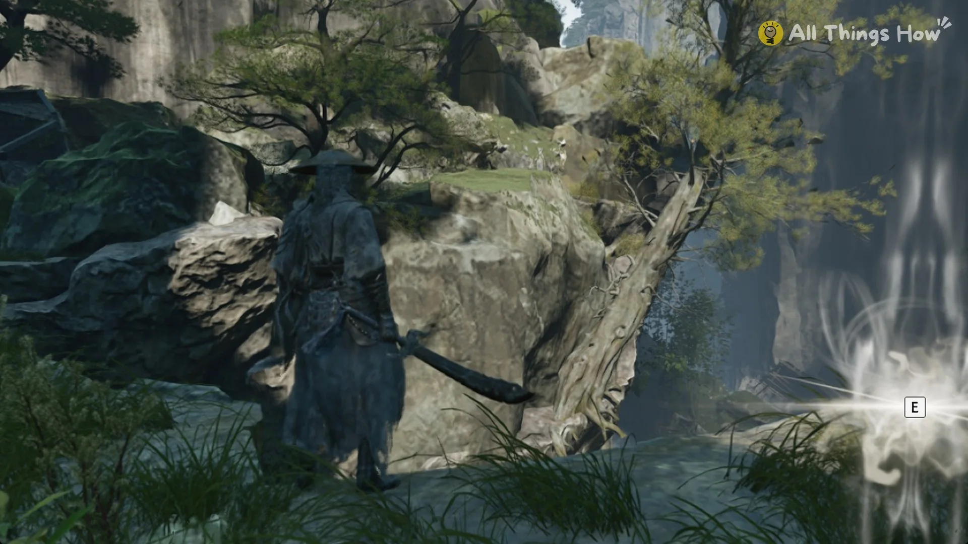 A white smoke swirl Remnant Dust pickup with the E prompt in Phantom Blade Zero