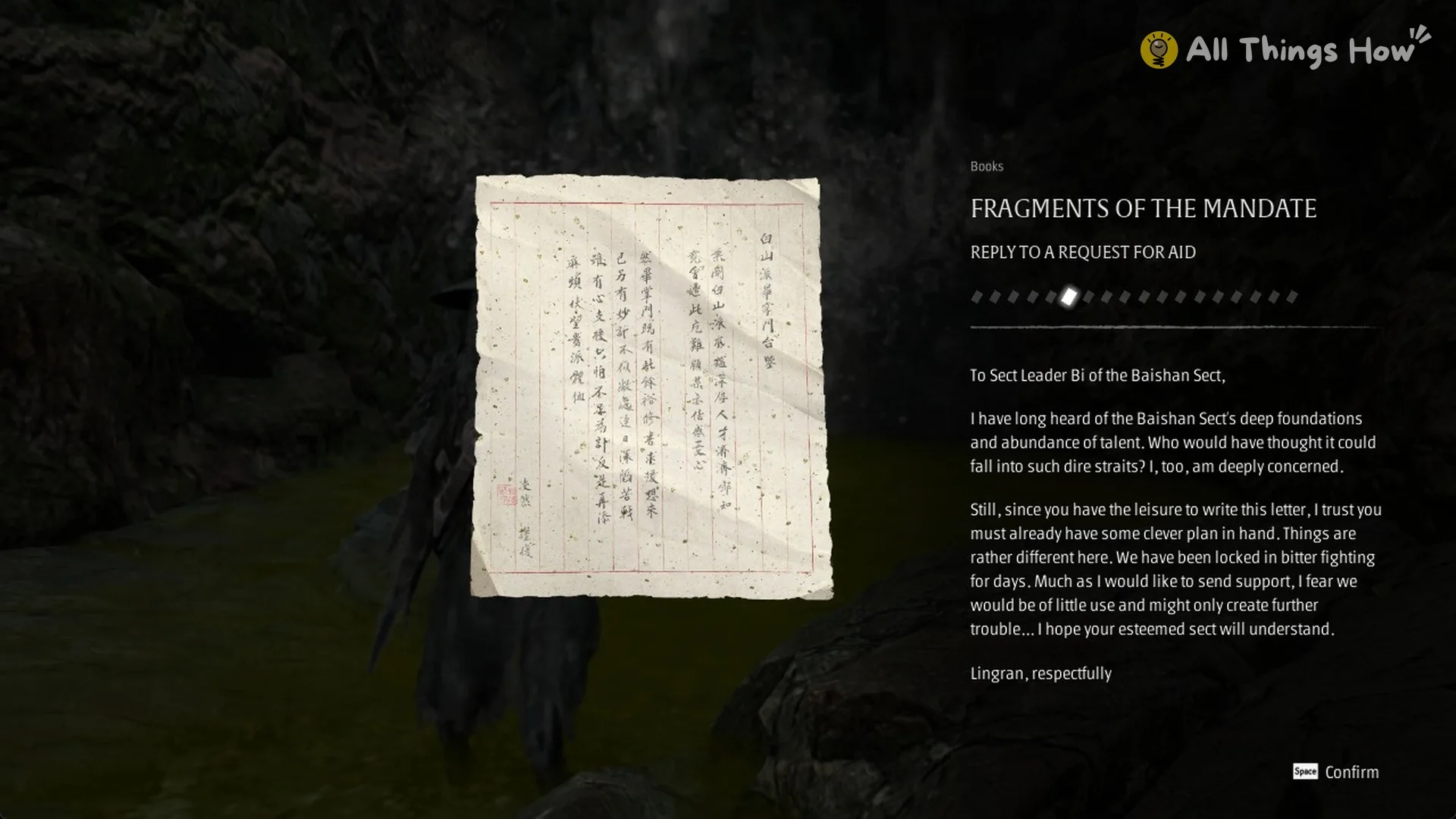 Reply to a Request for Aid entry under Fragments of the Mandate in the Phantom Blade Zero Books menu