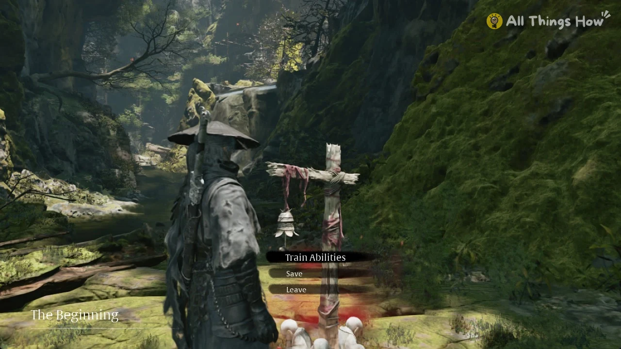 Soul in a wide hat stands beside a wooden cross shrine with a hanging bell in a mossy canyon, menu options shown.