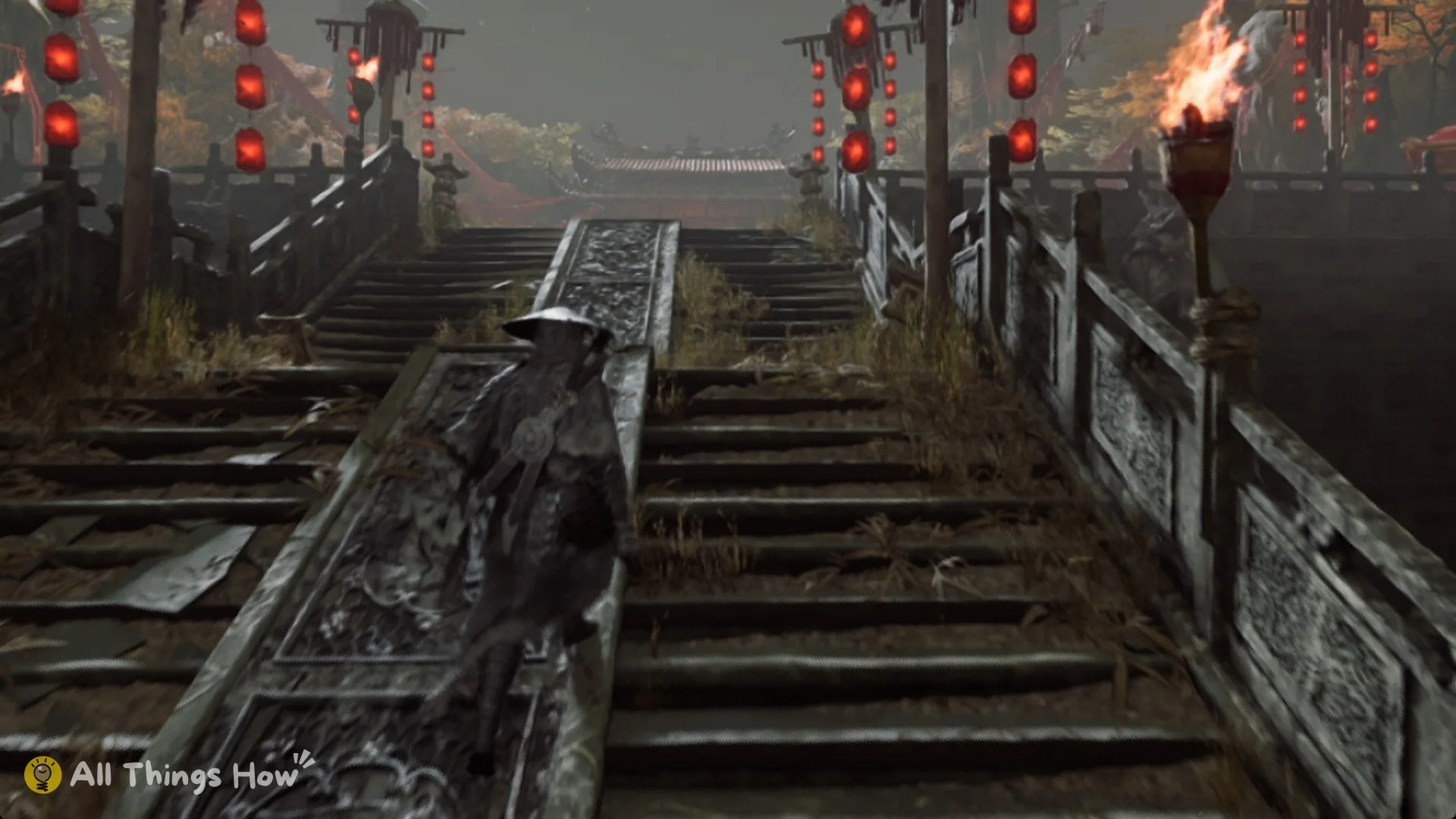 Soul on the stone stairs of the Rift courtyard with red lanterns in Phantom Blade Zero