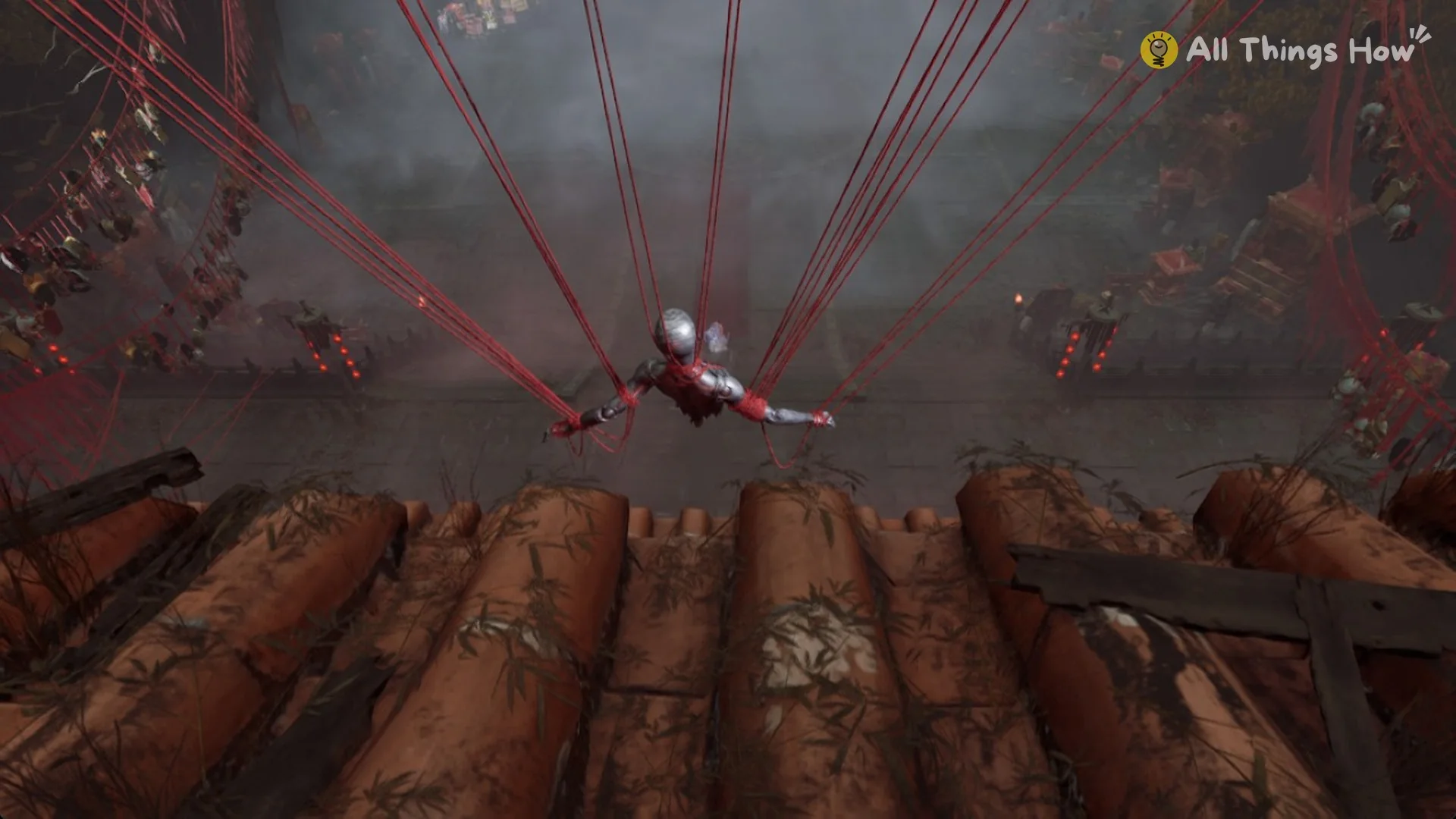 The puppet hanging from red threads above the gate in Phantom Blade Zero