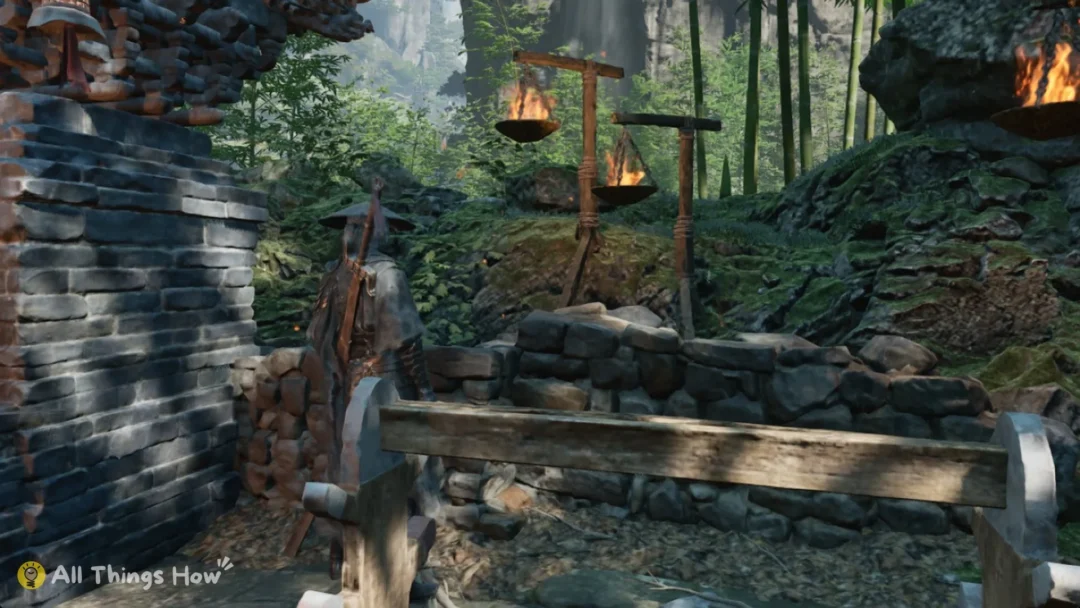 The weapon rack behind the Forge at the Outpost in Phantom Blade Zero