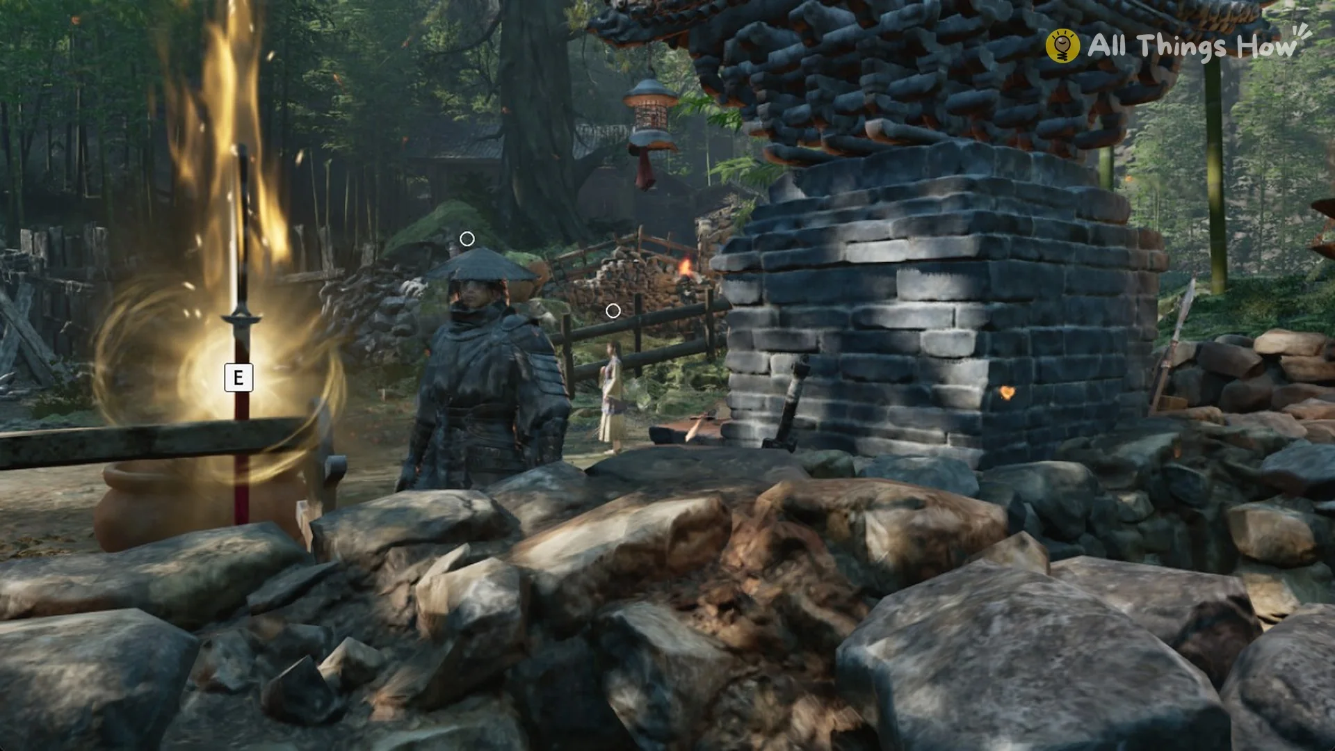 The glowing Sanguine Reach in the ground with the E prompt in Phantom Blade Zero