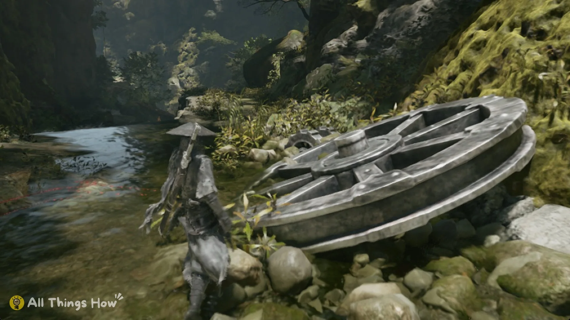 Soul passing a broken cart wheel on the stream bed in Weeping Creek Valley in Phantom Blade Zero