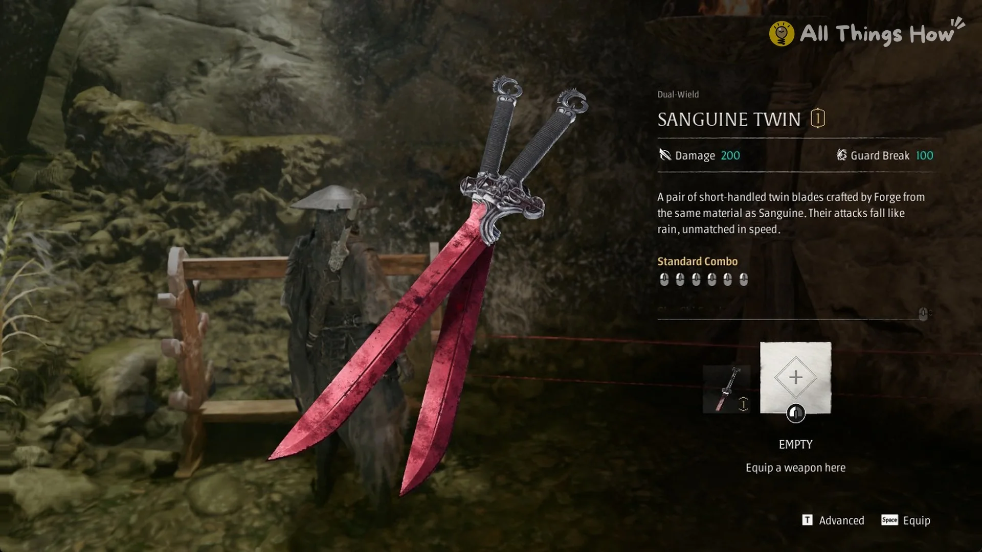 Weapon slot picker with Sanguine in one slot and an empty slot in Phantom Blade Zero