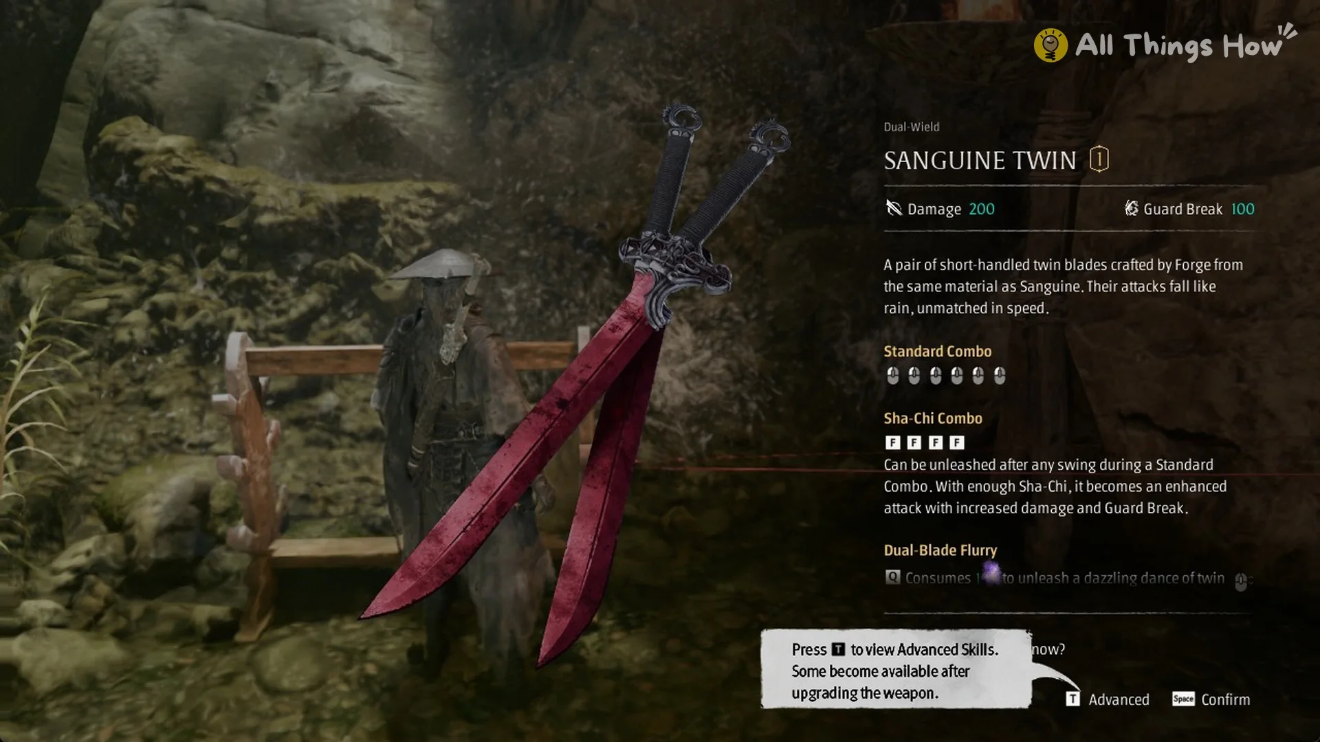 Sanguine Twin weapon card with Damage 200 and Guard Break 100 in Phantom Blade Zero