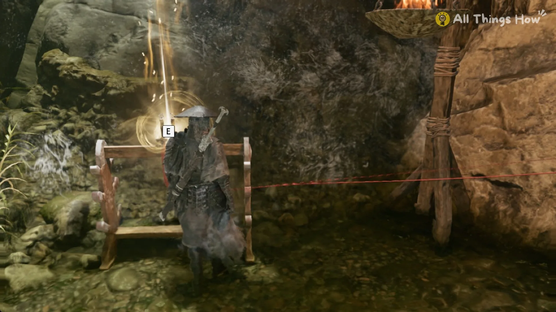 Soul at the weapon rack with the E prompt beside the brazier in Phantom Blade Zero