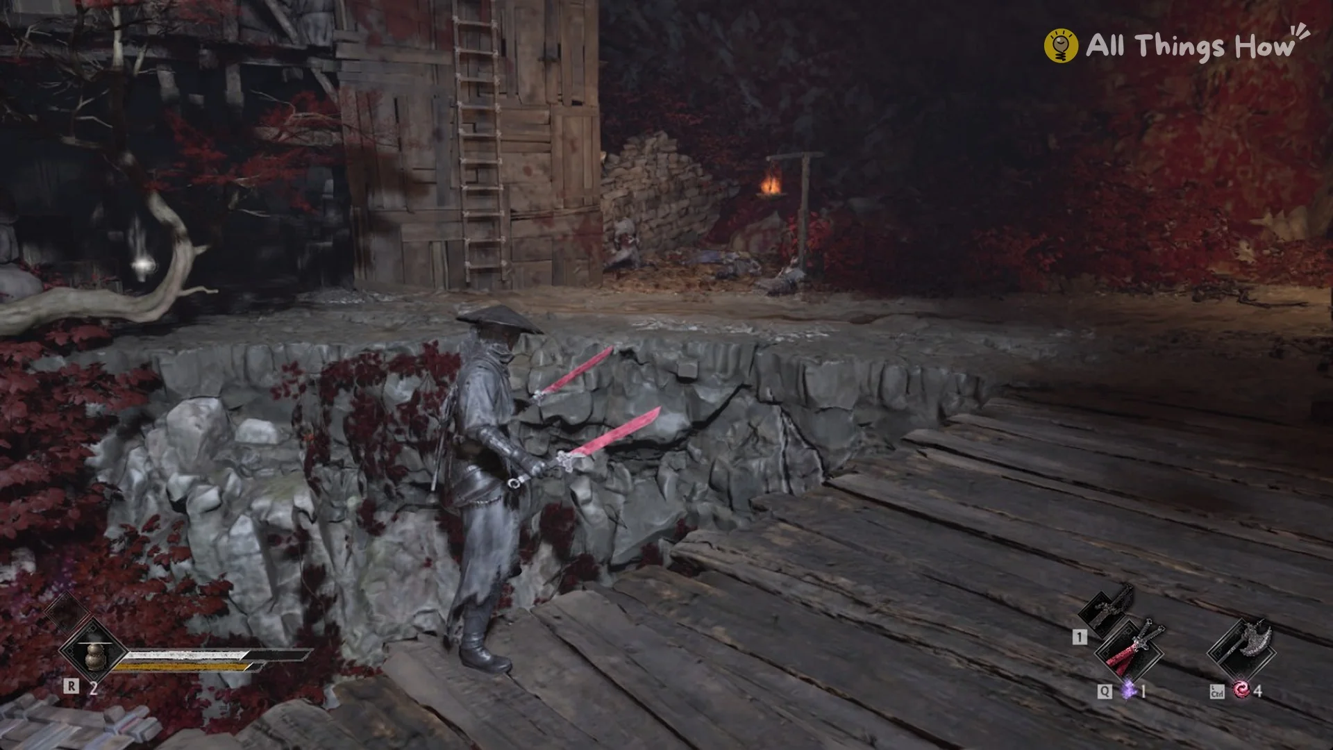 The second Butcher's yard with its stone wall, walkway and ladder tower in Phantom Blade Zero