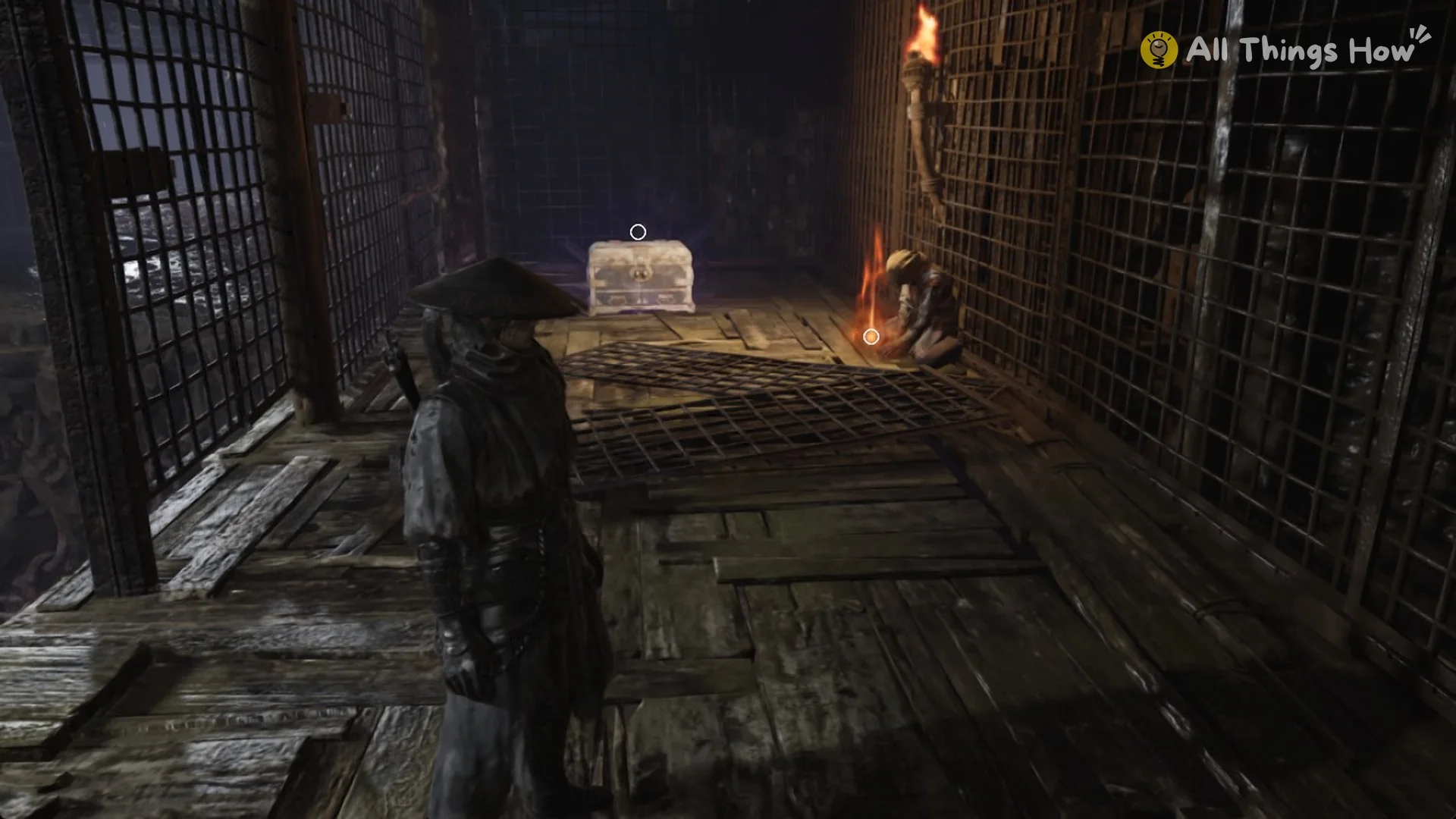 The narrow grille corridor with a torch leading to the chest in the Crimson Forest cellar, Phantom Blade Zero