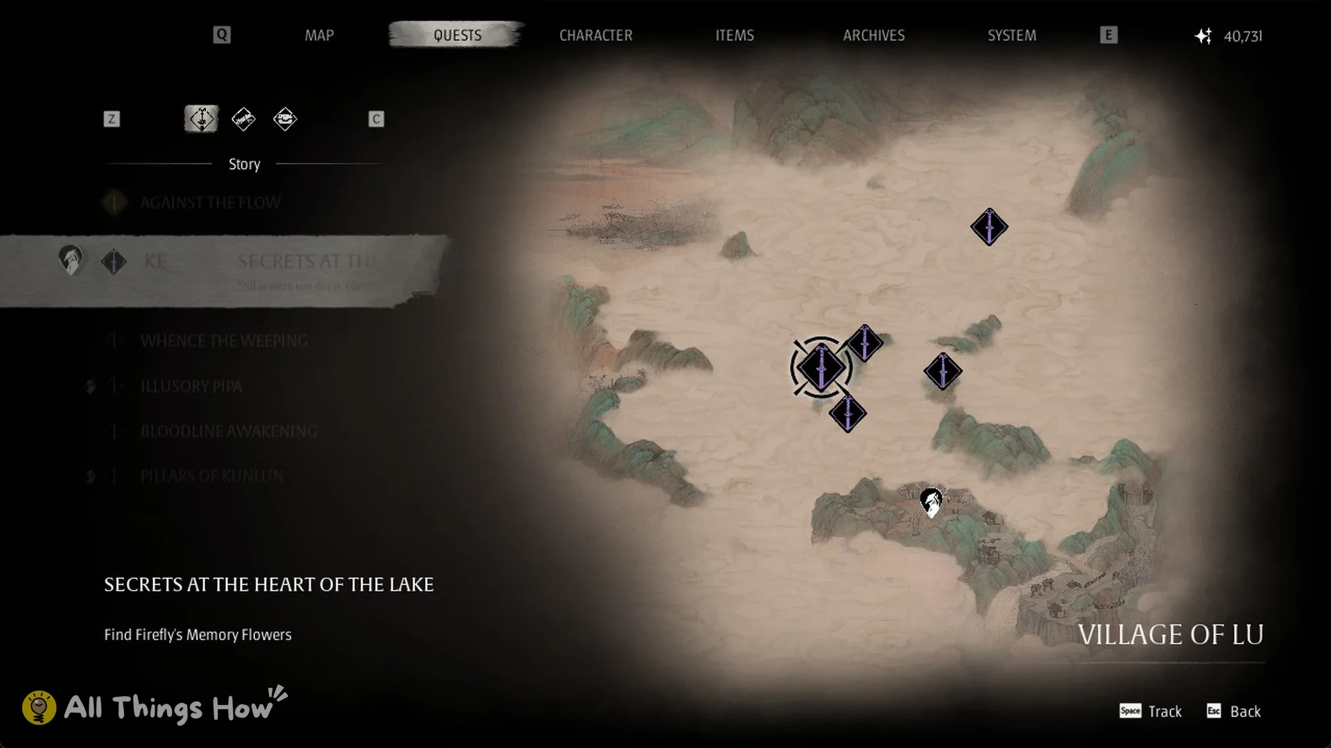 The Village of Lu quest map with the Secrets at the Heart of the Lake markers, Phantom Blade Zero