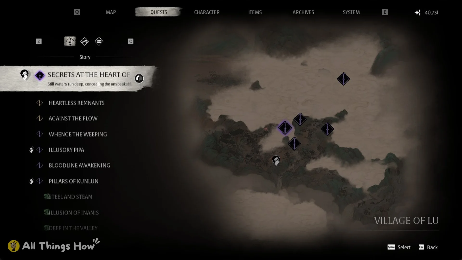 The Quests tab with Secrets at the Heart of the Lake above Heartless Remnants, Phantom Blade Zero