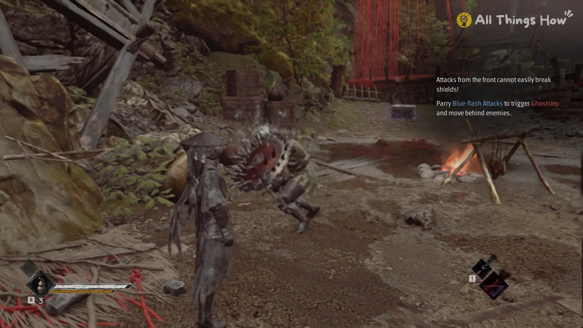 The shield and club enemy at the campfire with the shield tutorial in Phantom Blade Zero
