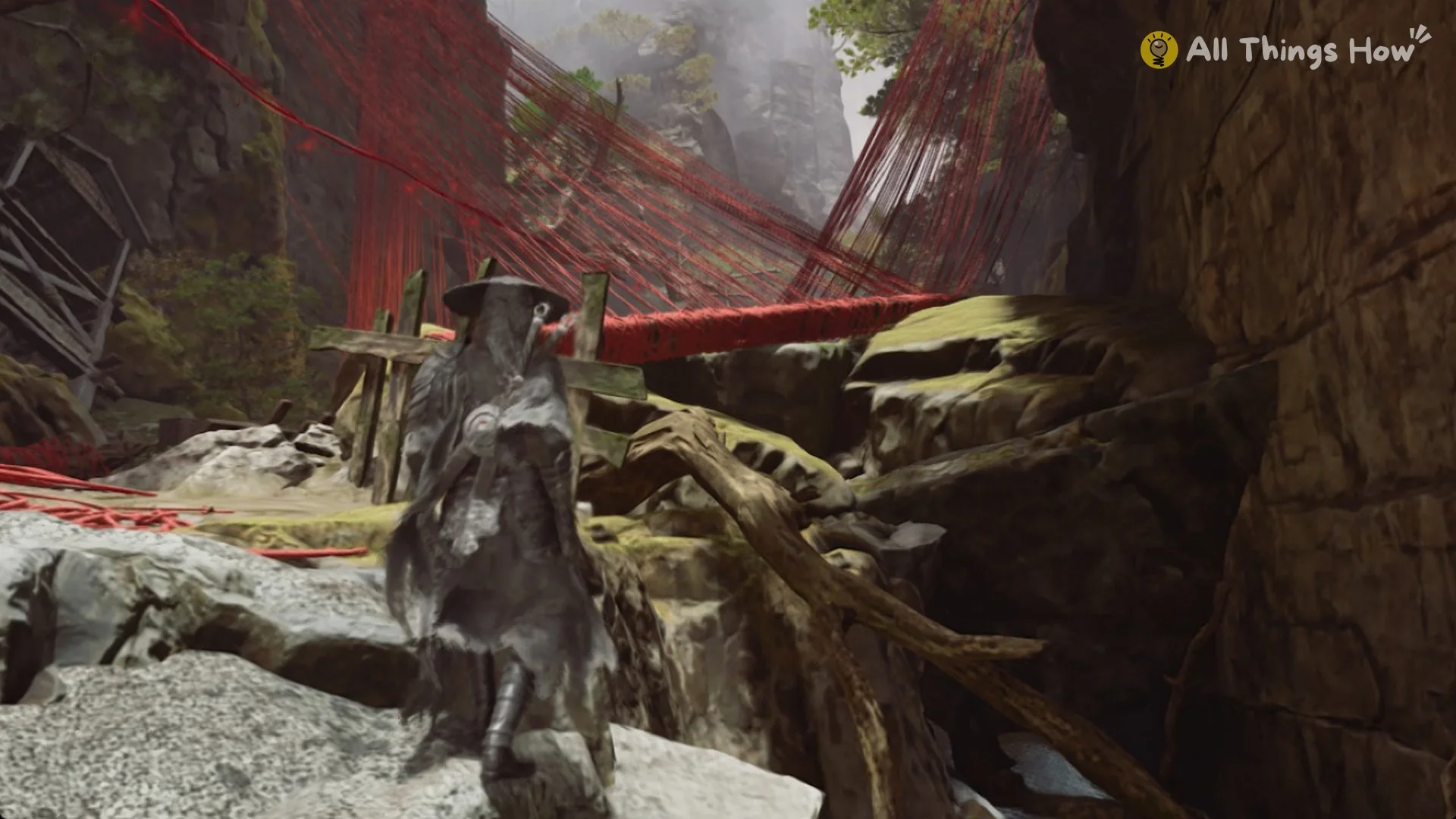 The bundle of red threads strung across the gorge near the Broken Puppet Valley bell in Phantom Blade Zero