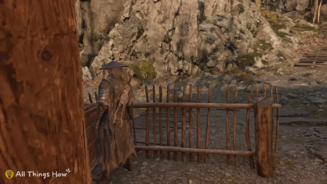 Soul behind a wooden fence below a rock face, Phantom Blade Zero