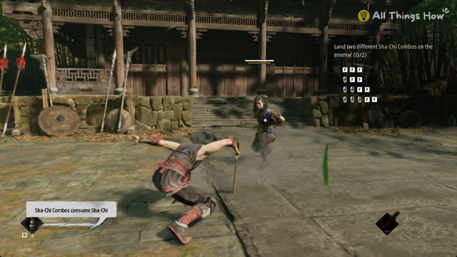 Phantom Blade Zero tutorial listing the four Sha-Chi Combo inputs during the sparring with Zuo Shang