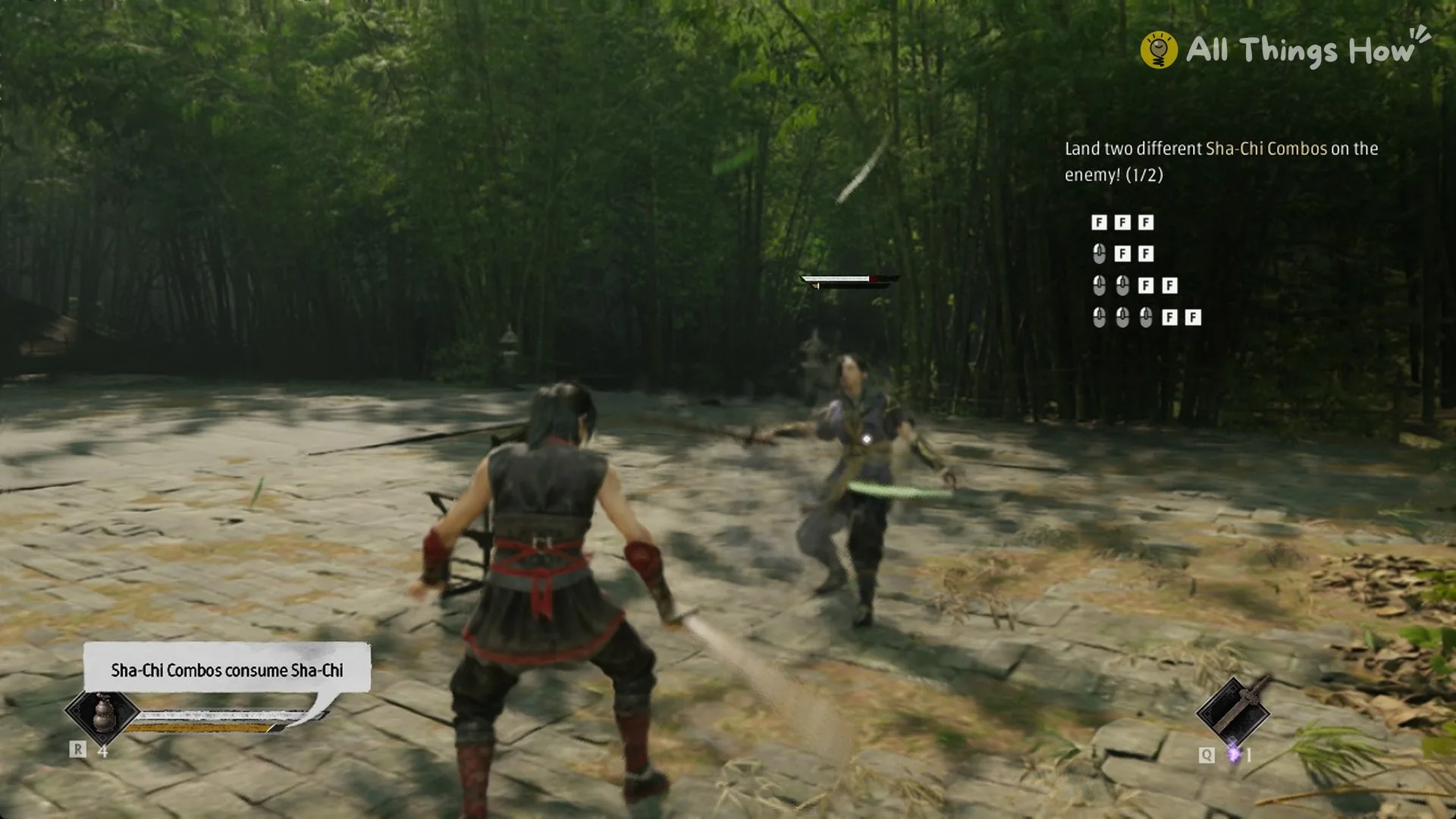 Phantom Blade Zero Sha-Chi Combo tutorial counter at 1 of 2 during the bamboo courtyard sparring