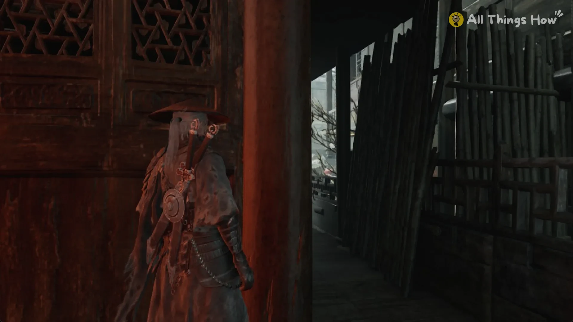 Soul by a wooden doorway on a covered balcony, Phantom Blade Zero