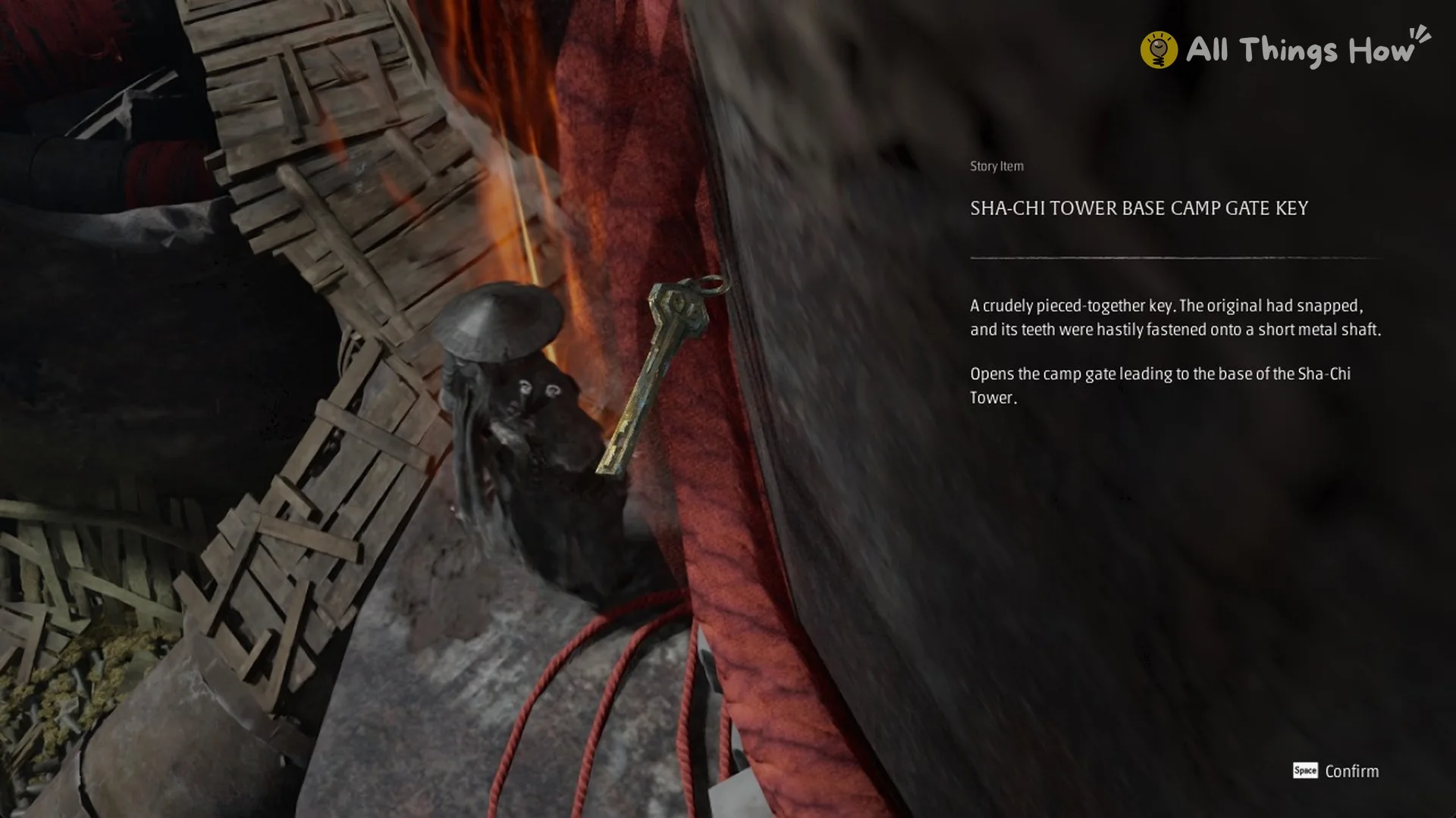 The Sha-Chi Tower Base Camp Gate Key item card after picking it up on the Steel Tower in Phantom Blade Zero