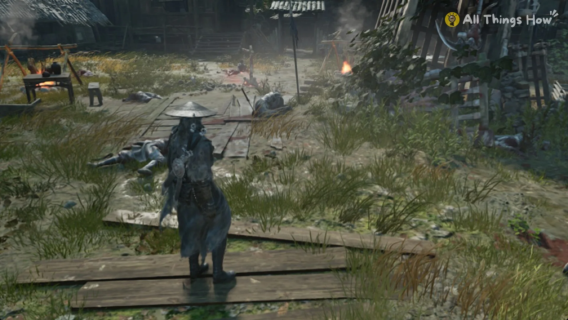 Soul standing on wooden planks in a ruined camp in Weeping Creek Valley, Phantom Blade Zero