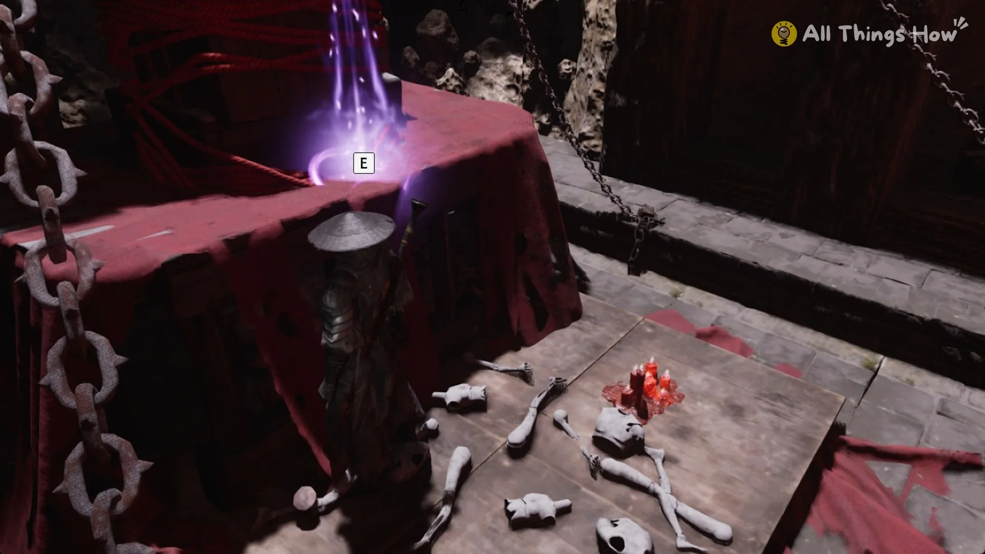 The E prompt on the purple glow atop the red-draped altar, Phantom Blade Zero