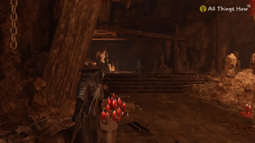 Soul by red candles in the Smuggler's Tunnel beyond the open gate, Phantom Blade Zero