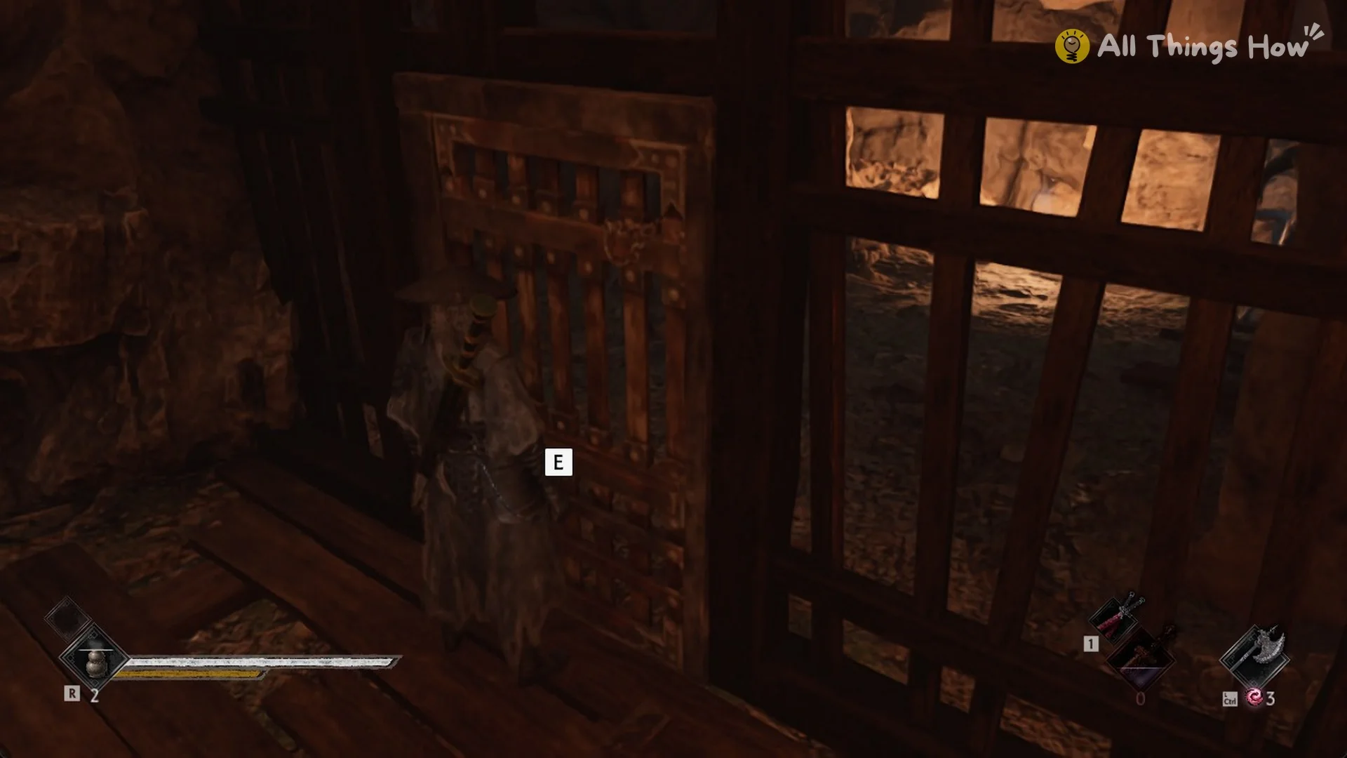 The E prompt on the wooden door in the mine passage, Phantom Blade Zero