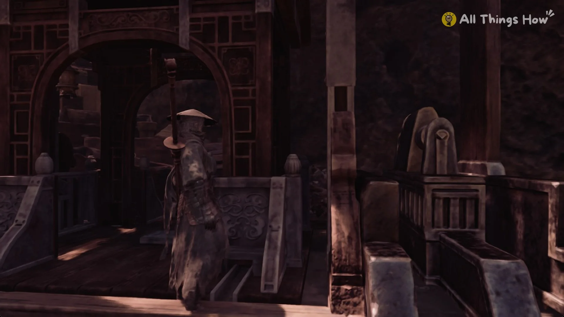 Soul standing in the stone lift pavilion at the foot of the scaffold tower, Phantom Blade Zero