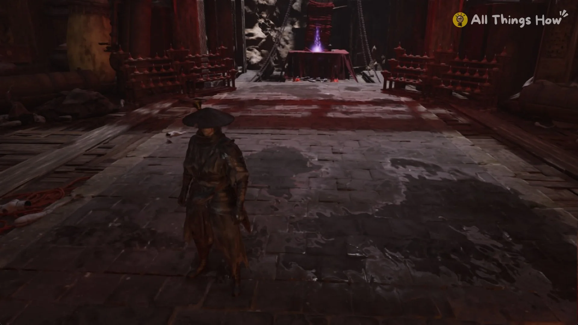 The puppet base hall with a purple glow on the altar at the far end, Phantom Blade Zero