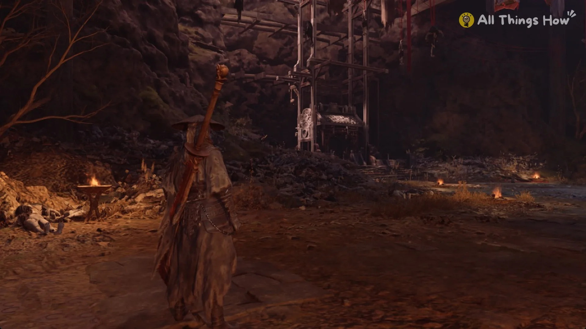 The scaffold tower with a stone pavilion at its foot beside Yuzan's arena, Phantom Blade Zero