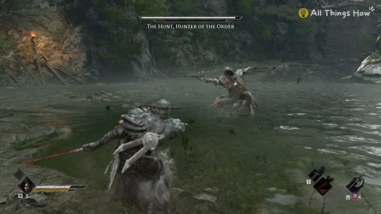 Soul fighting The Hunt in the Great Waterfall pool with the HP bar bottom left