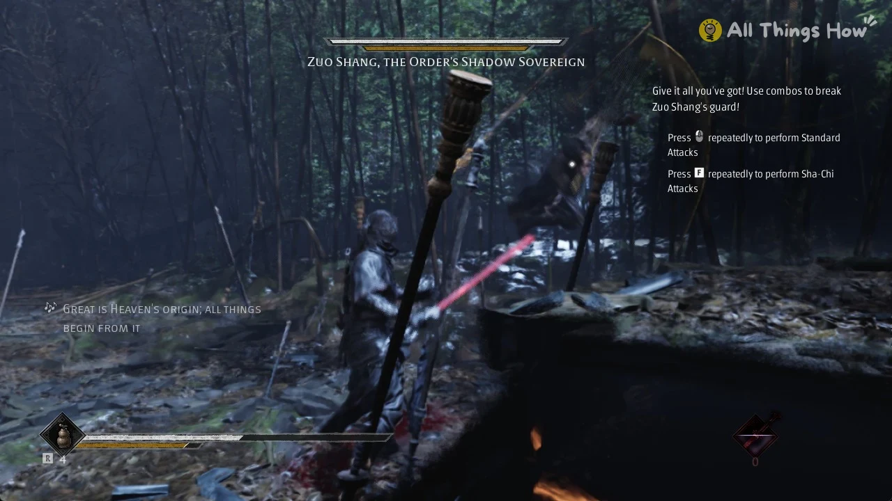 Healing Gourd on R with 4 uses beside the HP bar in the Zuo Shang duel in Phantom Blade Zero