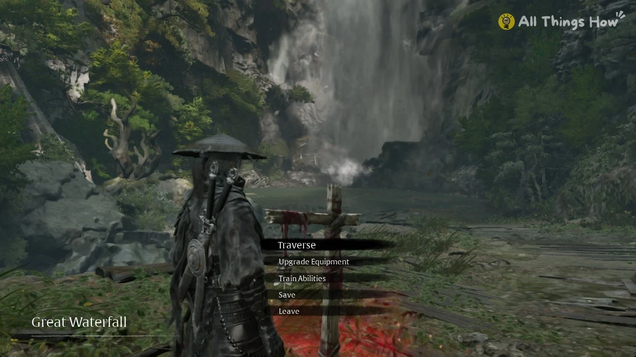 Great Waterfall bell menu with Traverse, Upgrade Equipment, Train Abilities, Save and Leave in Phantom Blade Zero