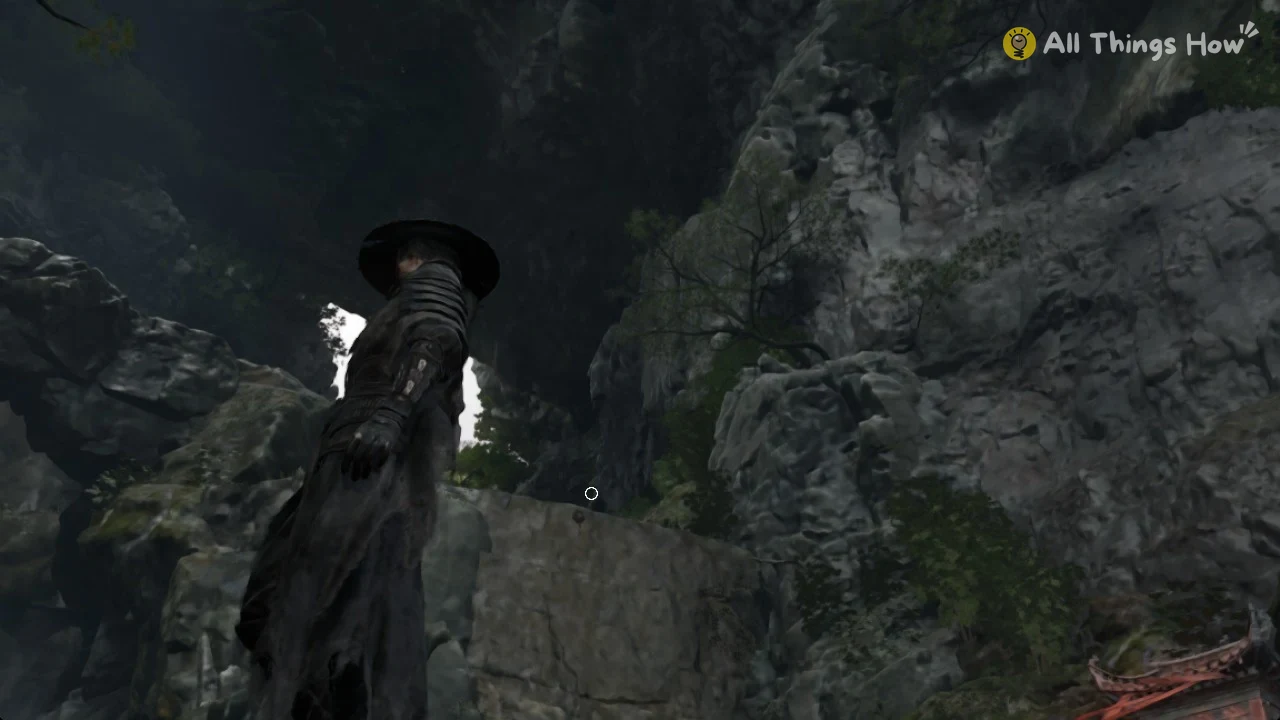 Small white circle marking an out-of-range grapple anchor point on a cliff top in Phantom Blade Zero