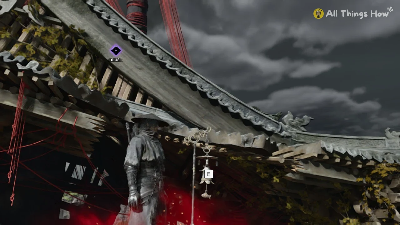 Soul in a straw hat under a curved temple roof with red ropes, beside a hanging bell with an E prompt.