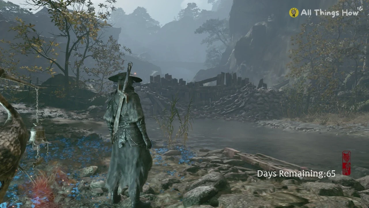 Soul stands near a crane bell statue beside a misty river and broken dam.