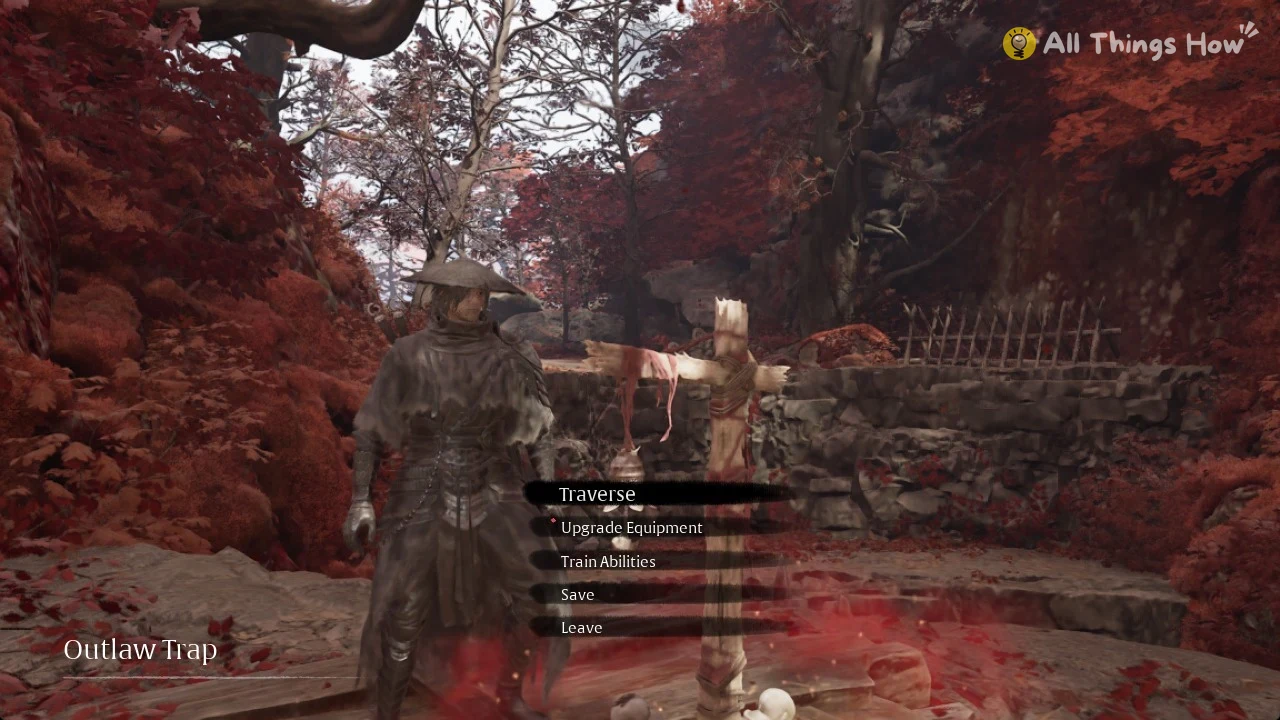 Bell menu at Outlaw Trap in Crimson Forest with Traverse, Upgrade Equipment and Train Abilities in Phantom Blade Zero