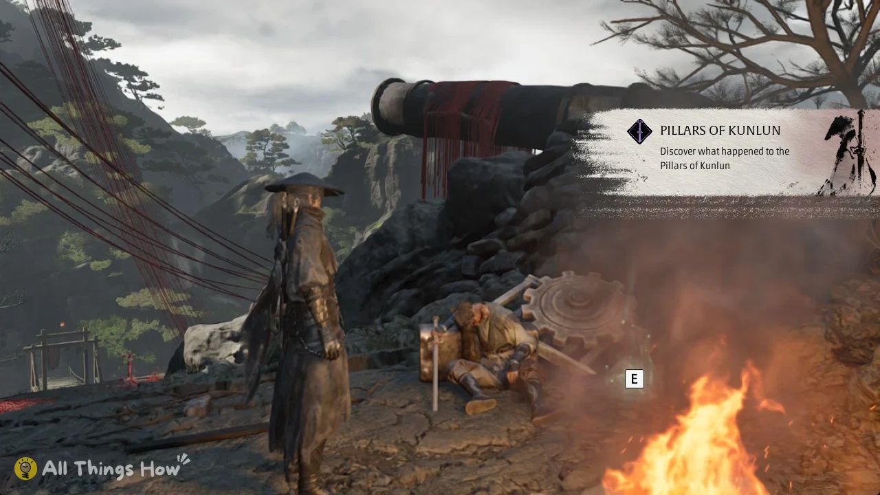 Soul faces a slumped man with a sword beside a campfire, below a quest banner reading Pillars of Kunlun.