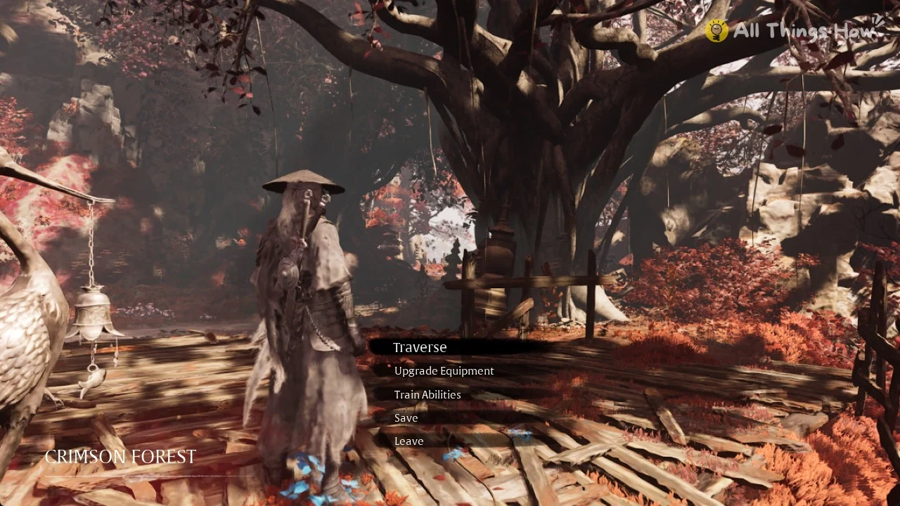 The CRIMSON FOREST bell menu with Traverse, Upgrade Equipment, Train Abilities, Save and Leave in Phantom Blade Zero