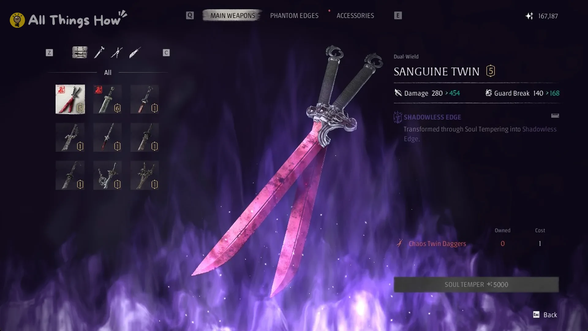 Soul Tempering screen for the Sanguine Twin showing Shadowless Edge and Chaos Twin Daggers in Phantom Blade Zero
