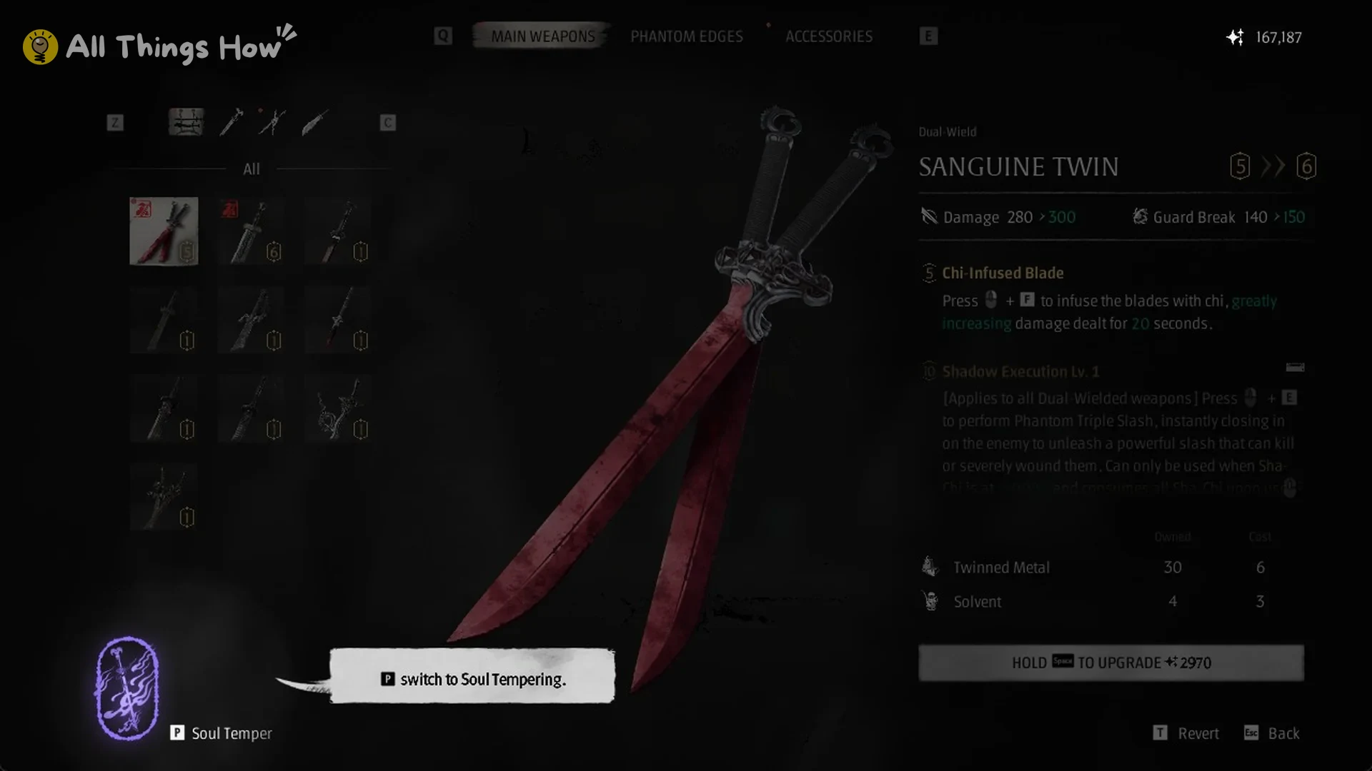 Upgrade screen with the switch to Soul Tempering prompt in Phantom Blade Zero
