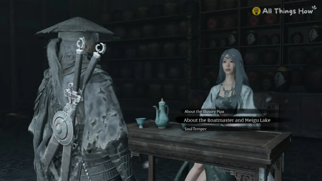 Soul talking to Myst in the Order's underground tavern in Phantom Blade Zero