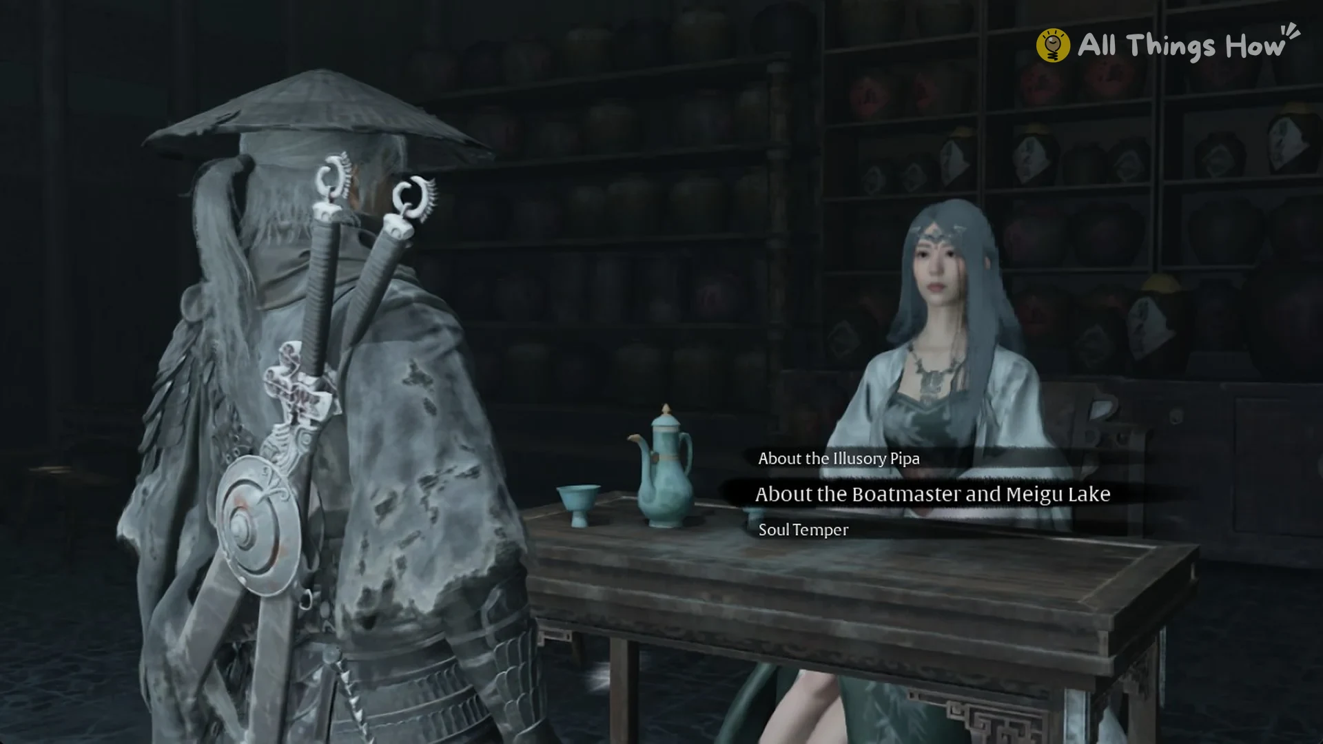 Soul talking to Myst in the Order's underground tavern in Phantom Blade Zero