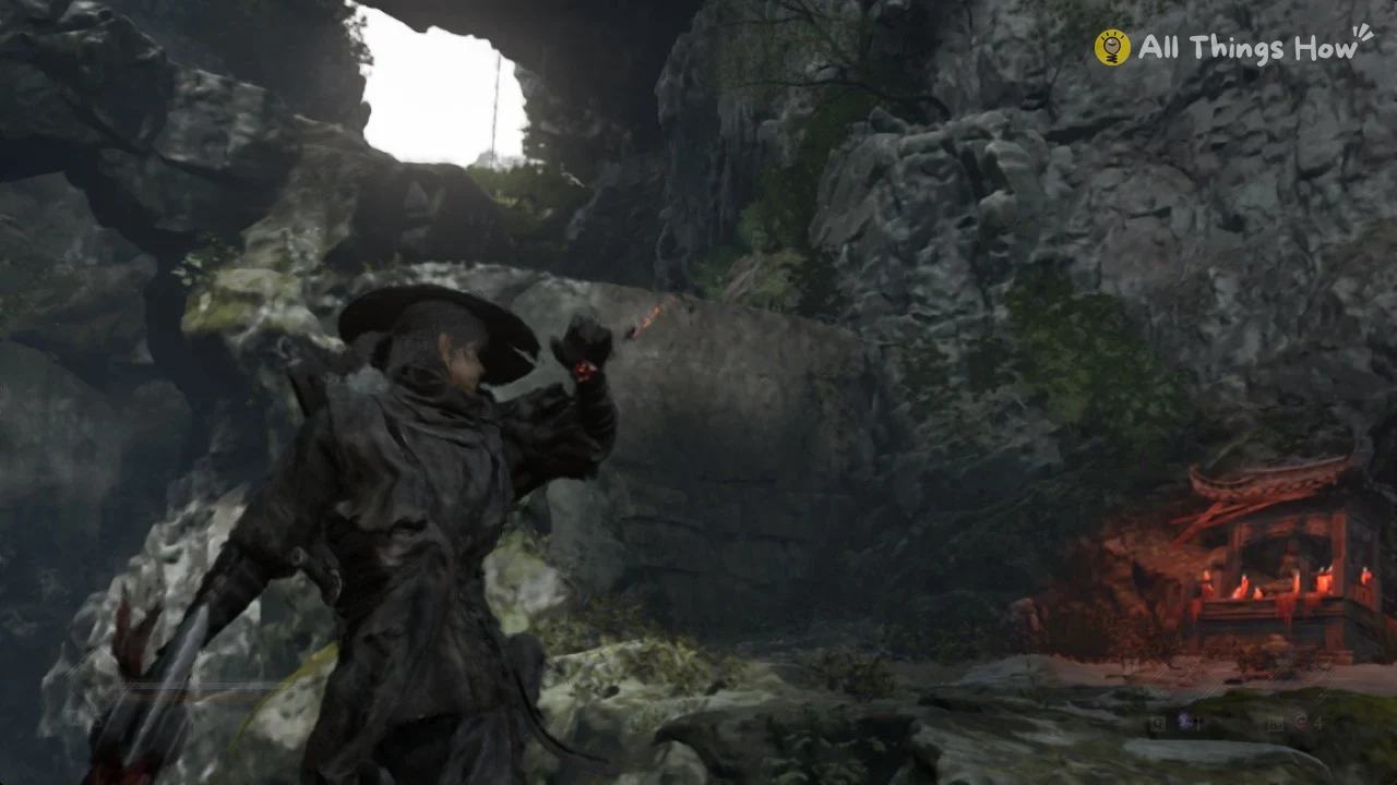 Soul throwing the Hunter's Chain Sickle at the anchor point beside the red-candle shrine