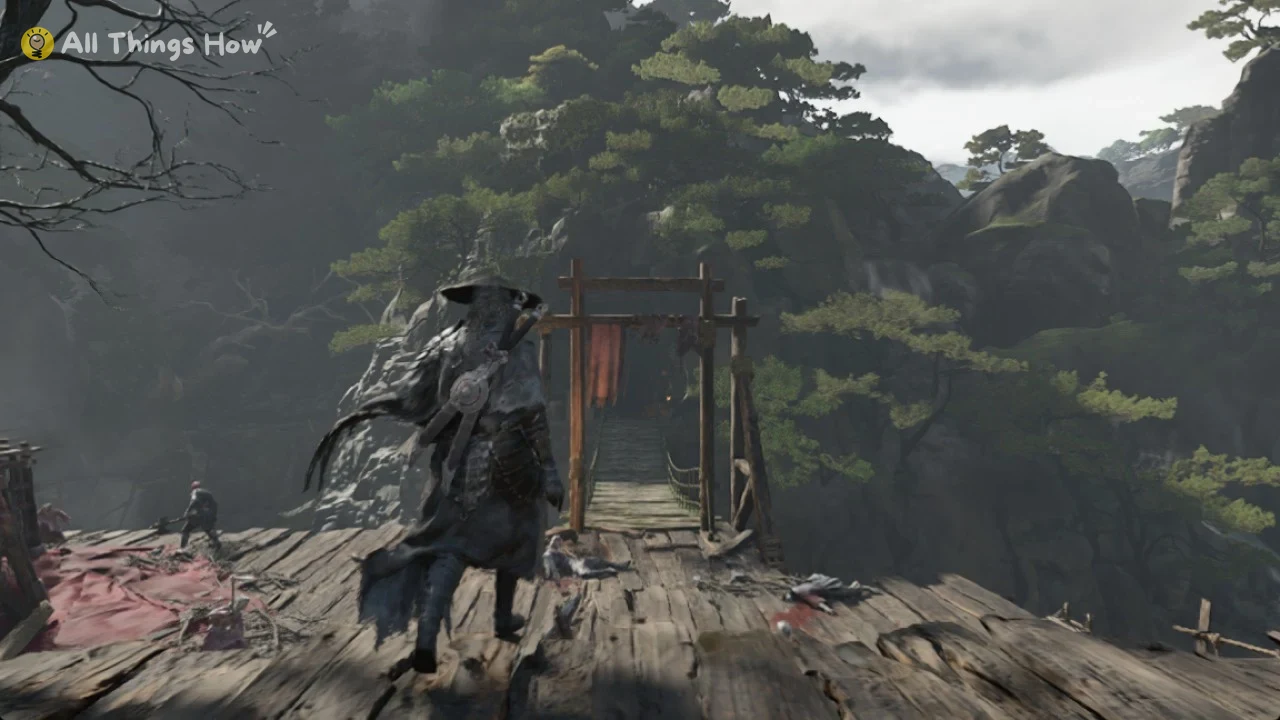 Soul in a wide straw hat walks on a wooden platform toward a wooden gate and rope bridge among pine trees.