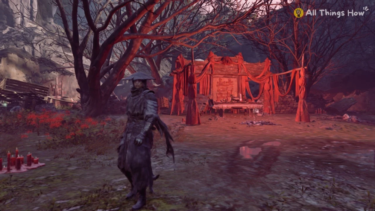 Soul in a straw hat walking near red candles and spider lilies, with a red-draped altar and bare trees behind.
