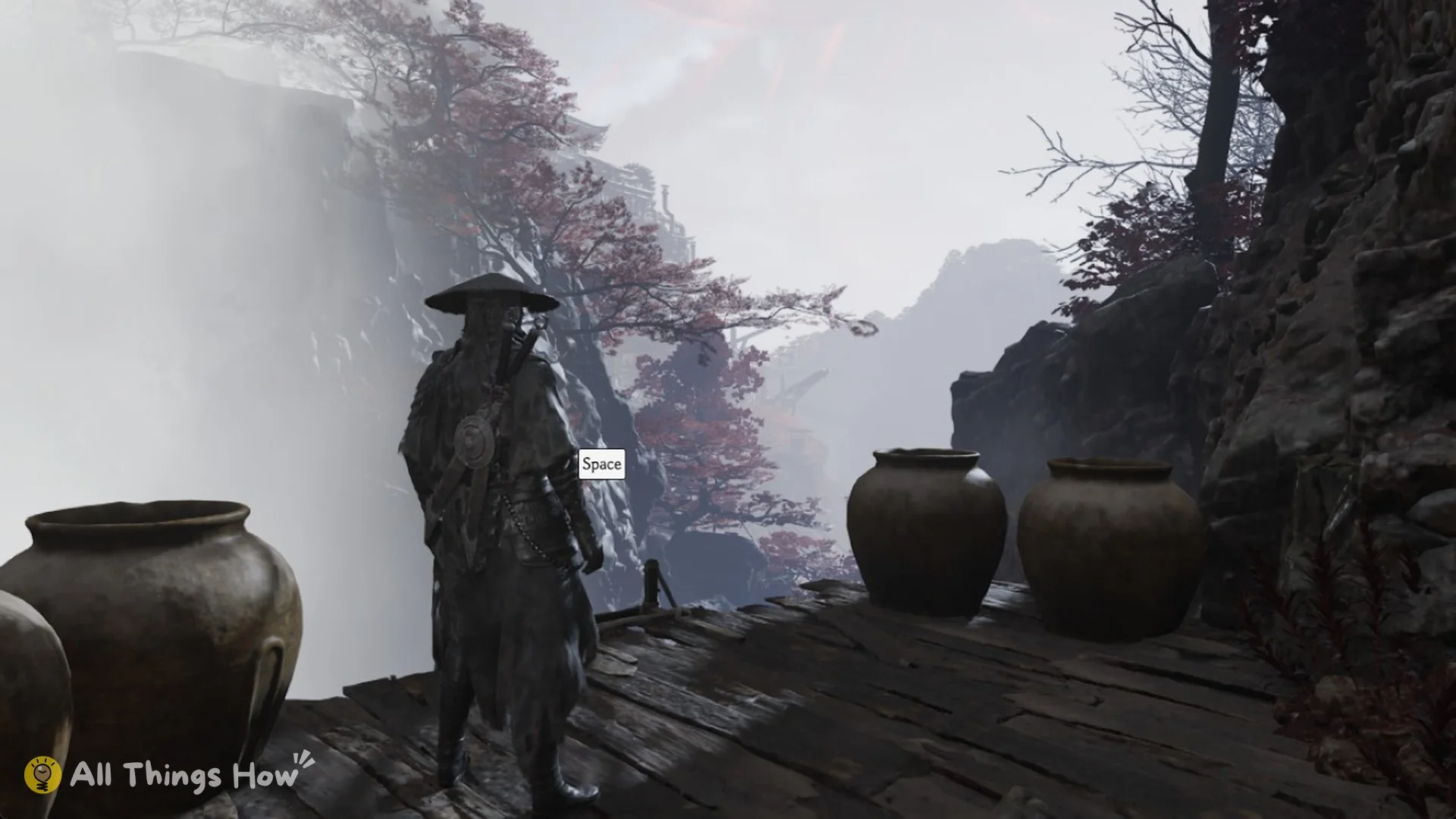Soul on the wooden platform with clay jars at the top of the rope ladder above the chasm, Phantom Blade Zero