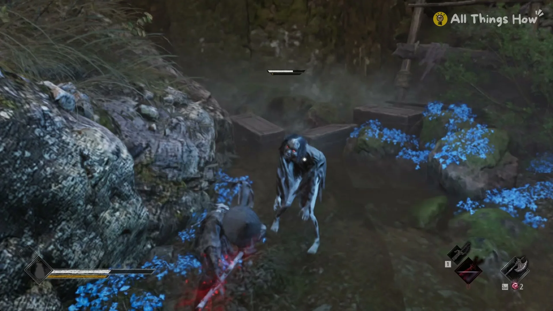 Soul fighting a pale Vessel by the blue flowers on the stream bank, Phantom Blade Zero