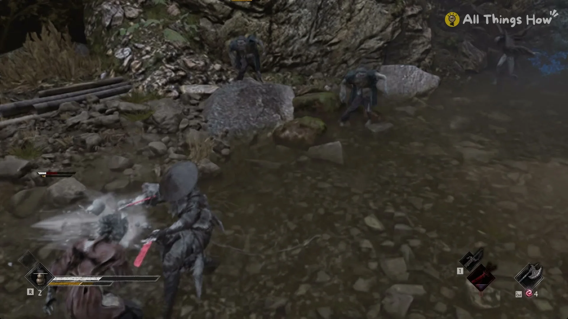 Soul fighting the Vessel pack in the stream under the stone bridge in the Village of Lu, Phantom Blade Zero